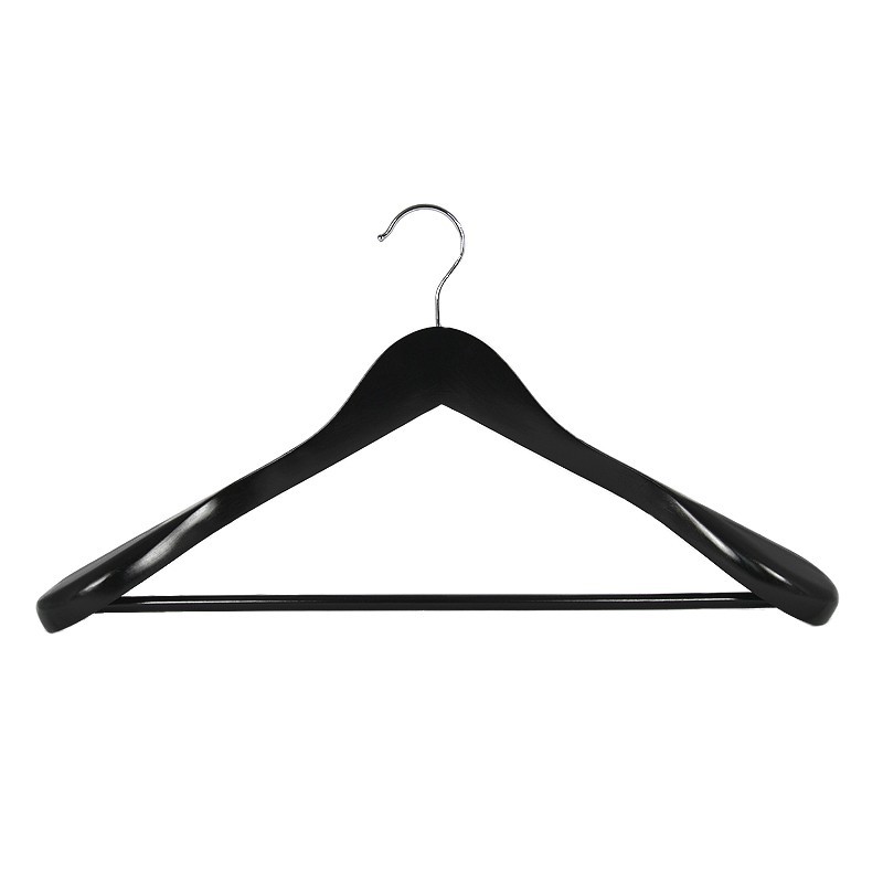 Wooden hanger with broad shoulders, with bar, black