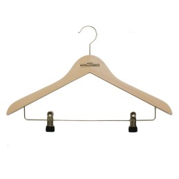 Pükstehoidjaga riidepuu logoga, hele puit